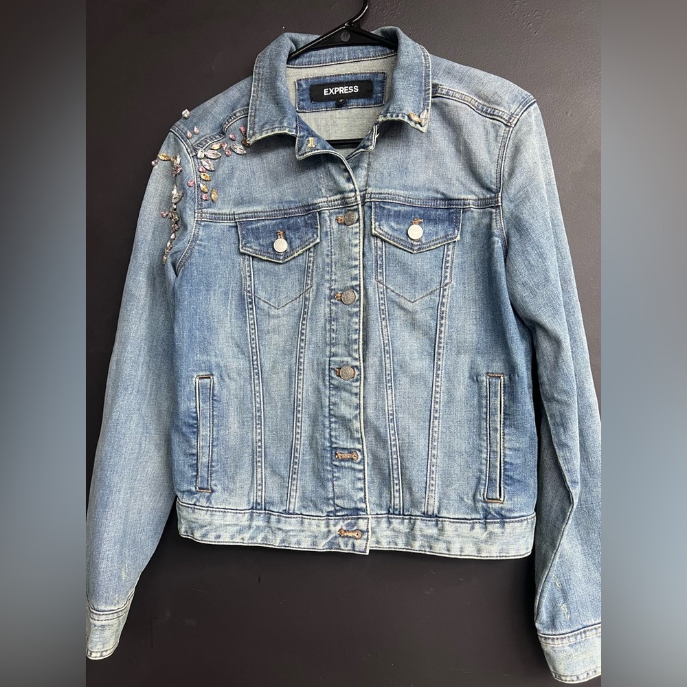 Express Women's Embellished Light Blue Jean Jacket